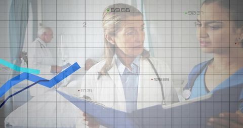Clinicians reviewing patient data with digital analytics overlay collaborating on care