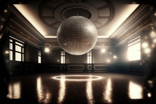 Disco ball with light spots over room with wooden floor created using generative ai technology. Party, celebration and colors concept.
