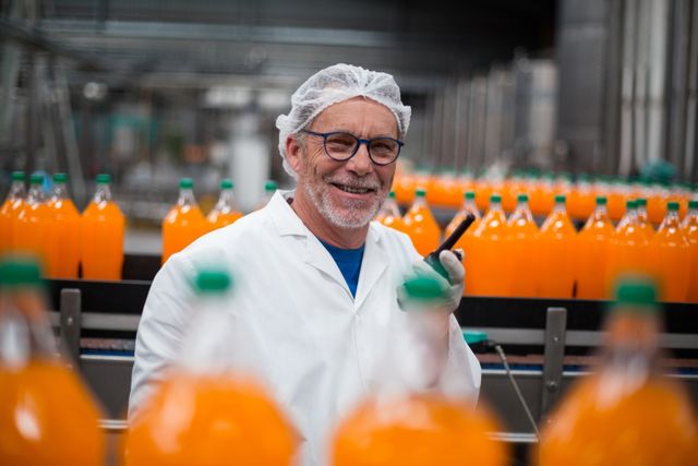 Portrait of smiling factory engineer standing near production line with walkie talkie in bottle factory