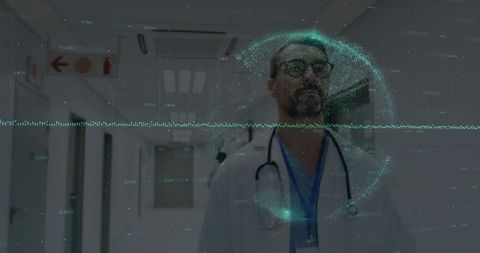 Doctor in hospital corridor with futuristic data overlay concept