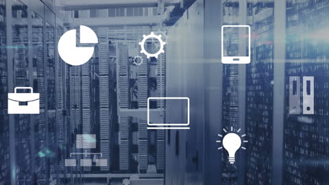 Digital Systems Network Icons Overlaying Modern Server Room