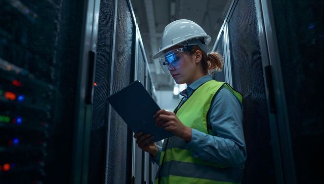 Female technician inspecting server racks with tablet in high-security data center corridor