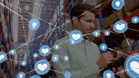 Worker Using Digital Tablet Amidst Warehouse Network Visualization