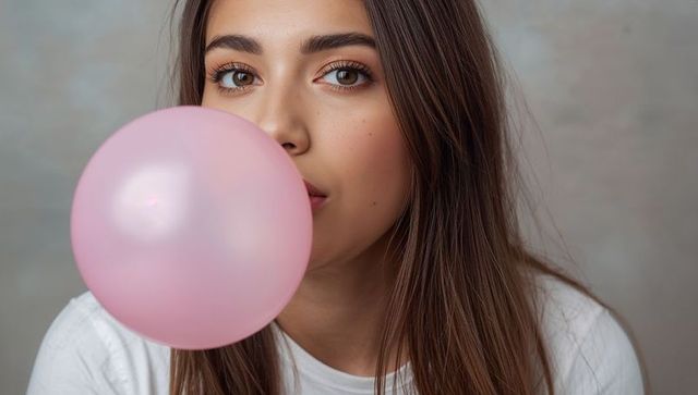 Blowing pastel pink bubble gum, closeup headshot of woman with brown hair and freckles