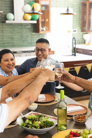 Raising wine glasses during home celebration with diverse family and friends around table