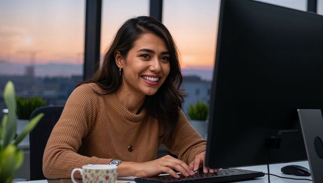 Smiling asian woman typing at desktop computer during sunset in modern office