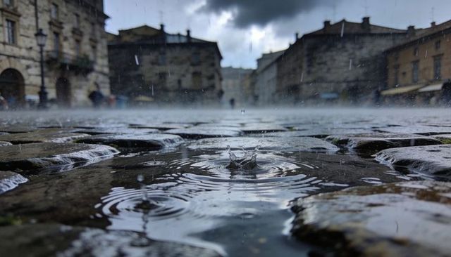 Low-angle cobblestone rain splash creating crown ripple and reflections in historic square