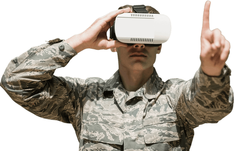 Soldier in Uniform Augmented by Transparent Virtual Reality Headset