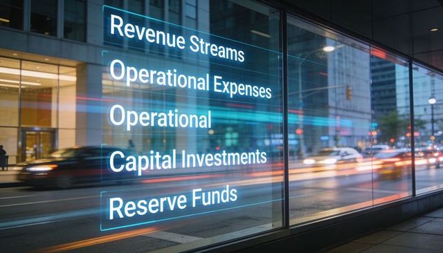 Futuristic finance dashboard on glass facade with neon city light trails and business text