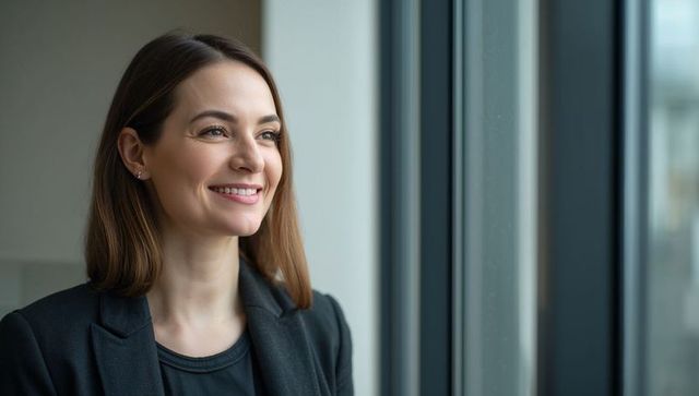 Confident Businesswoman in Dark Blazer Near Office Window