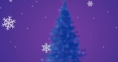Blurred Christmas Tree with Falling Snowflakes on Purple Background