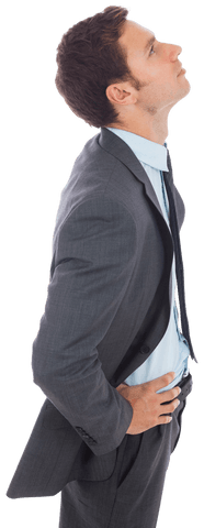 Transparent Businessman Standing with Hands on Hips Facing Upward