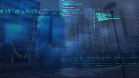 Abstract Coding Animation Over Cityscape with Data Graphics