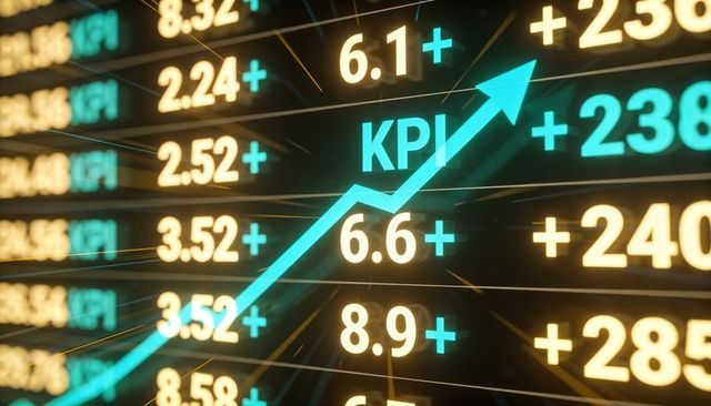 Teal KPI Arrow Rising on Neon Digital Dashboard Showing Upward Business Growth Metrics