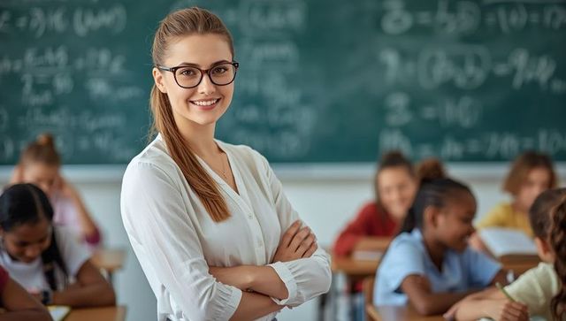 Confident Female Math Teacher Guiding Attentive Students in Classroom