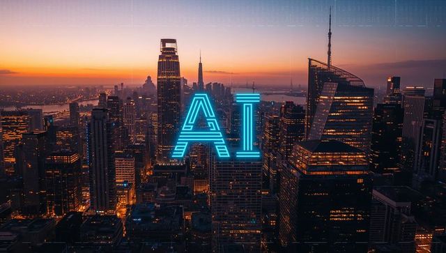 Futuristic neon ai over urban skyline at dusk