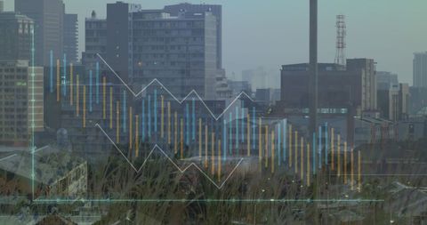 Illustrates concept of global business and finance by overlaying financial graphs on urban skyline. Useful for articles on market trends, financial analytics, and urban economic development.