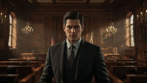 Confident prosecutor businessman standing in formal courtroom