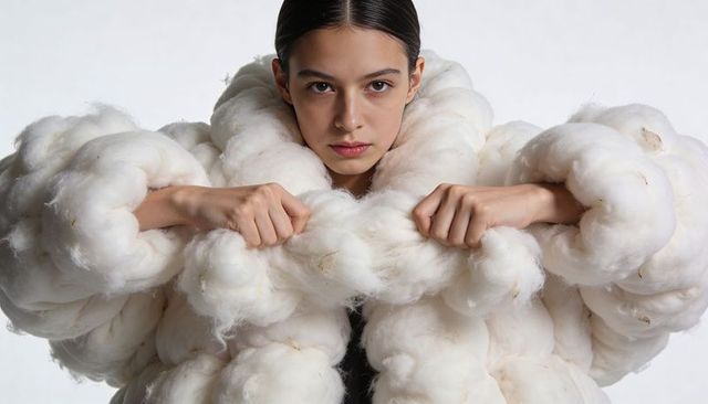 Female model wearing oversized sculptural cotton coat gripping front in studio portrait