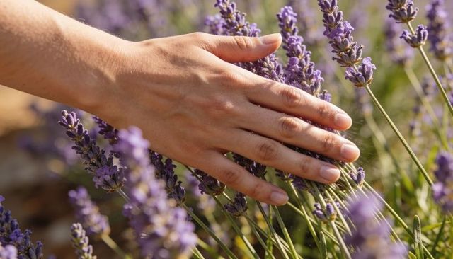 Hand brushing sunlit lavender close-up with bare forearm and purple blossoms