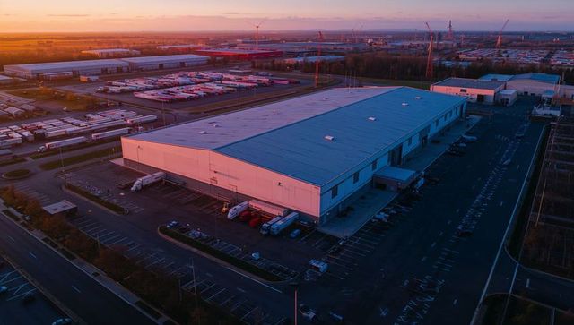 Logistics Warehouse Illuminated by Sunset in Industrial Park