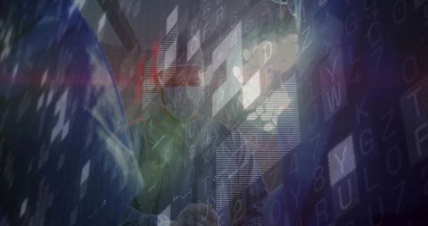 Cybersecurity hacker at work with code and digital interface overlay