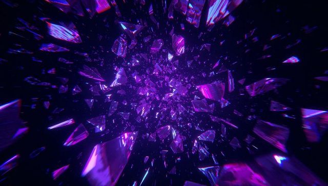 Bursting purple glass shards in digital neon space