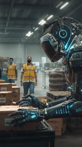 Humanoid Robot Automating Package Loading at Pack Bay with Staff in Hi-Vis Vests - Vertical Video