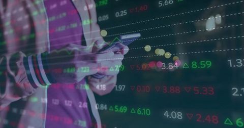 Urban trader checking smartphone with stock market overlays and neon analytics at night