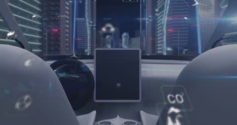 Futuristic Virtual Reality Driving Simulation in Cityscape Background