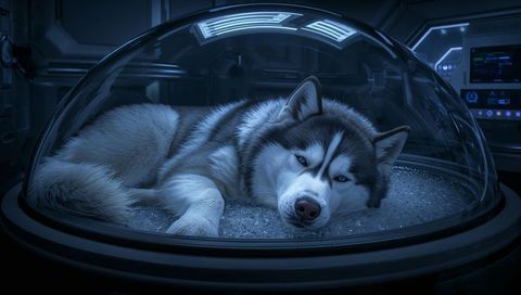 Siberian husky resting in futuristic cryogenic dome on crystalline ice bed