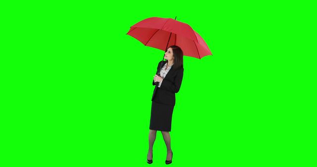 Perfect for visual media projects needing isolated figures for customization. Suitable for advertisements related to weather, insurance, business services, and professional attire. Ideal for introducing overlays or special effects due to the green screen background.