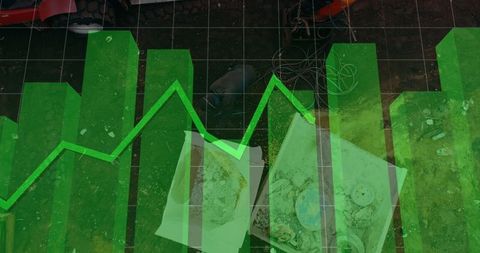 Financial Graphs Overlaying Warehouse with Waste Materials