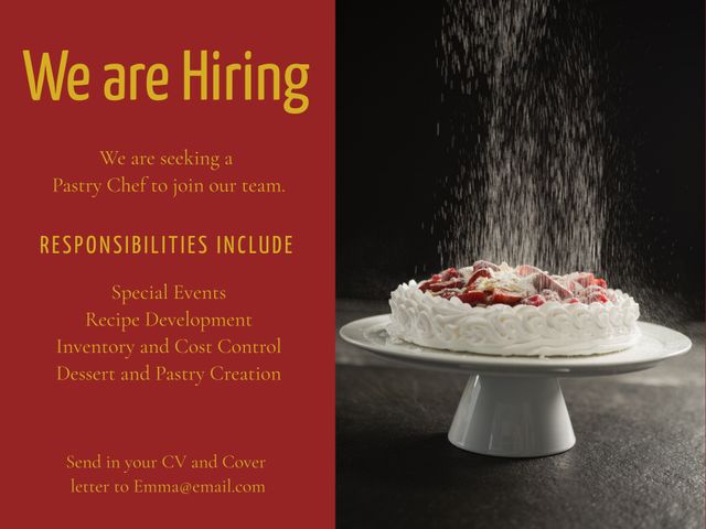 This image showcases a job posting for a pastry chef with a visually appealing picture of cake decorating. The high-quality photo of the elegantly crafted cake being sprinkled with sugar will captivate those with a passion for baking and culinary arts. Ideal for use in a job board ad, social media recruitment post, or on a culinary school bulletin.