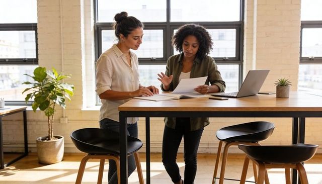 Two women reviewing documents at standing desk in modern sunlit loft office for teamwork