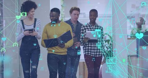 Diverse business team analyzing digital technology interactions