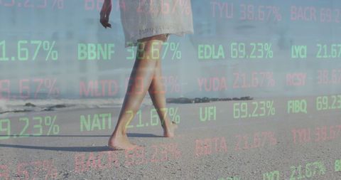 Woman Walking on Beach with Stock Market Overlay