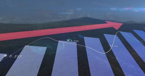 Projecting 3d data visualization over terrain with blue bars, trend line and red arrow