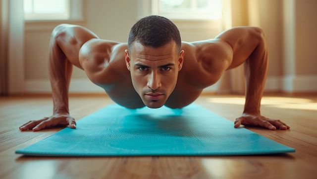 Muscular Man Performing Push-Ups on Blue Yoga Mat in Bright Room