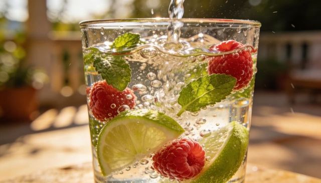 Pouring sparkling water with lime wedges, raspberries and mint in sunlit glass