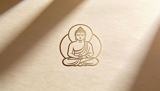 Gilded buddha line art embossed on cream paper with warm diagonal light and texture