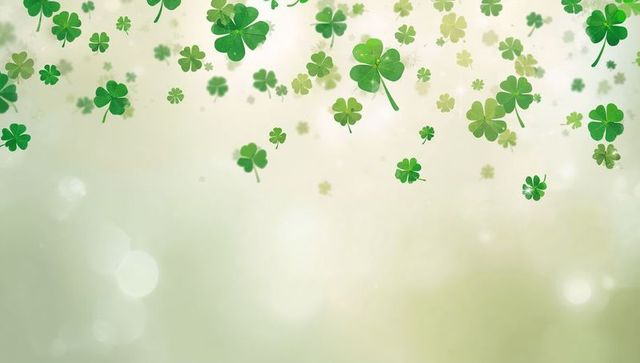 Floating clover and shamrock leaves with soft green bokeh background for St Patrick design