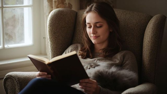 Woman reading hardcover book in cozy armchair with gray cat by window light