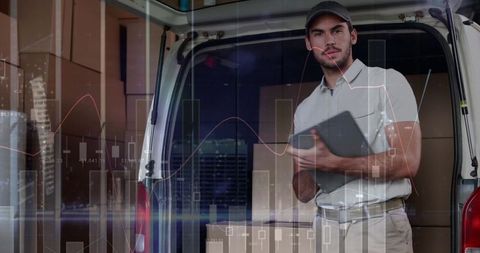 Delivery Man with Financial Graphs and Data Overlay - Download Free Stock Images Pikwizard.com