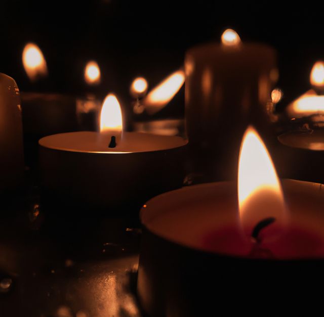 Close up of candles on black background with copy space. Celebration, illumination, accessories and home decoration concept.