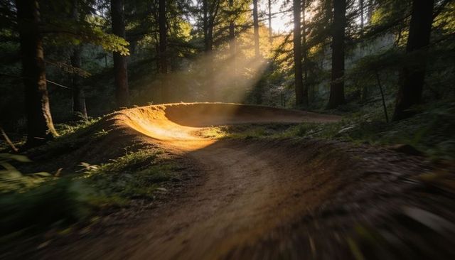 Golden sunbeams on curved dirt berm of forest mountain bike trail at dawn with ferns