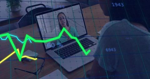 Remote video meeting with live analytics overlay presenting fluctuating metrics graphs