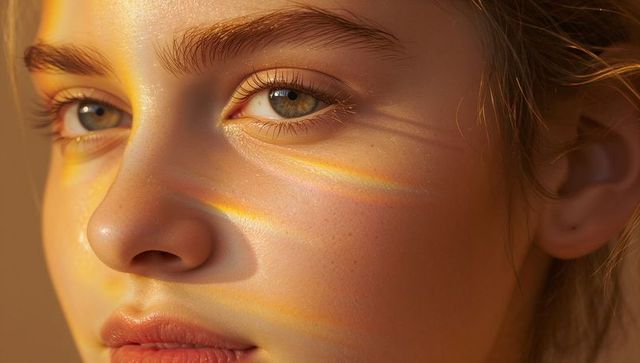 Closeup Female Face with Golden Light Bands Highlighting Features