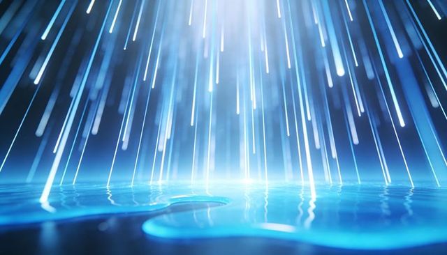 Neon light beams raining onto glowing liquid plane creating ripples and reflections