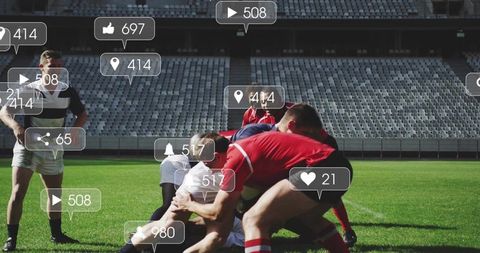 Scrummaging rugby players clashing for ball with social media engagement icons across stadium pitch
